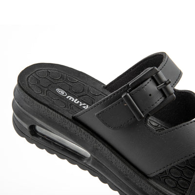 MUYA Therma siyah kadın terlik, dikdörtgen toka, EVA iç taban deseni ve AirMax tabanın yakın görünümü